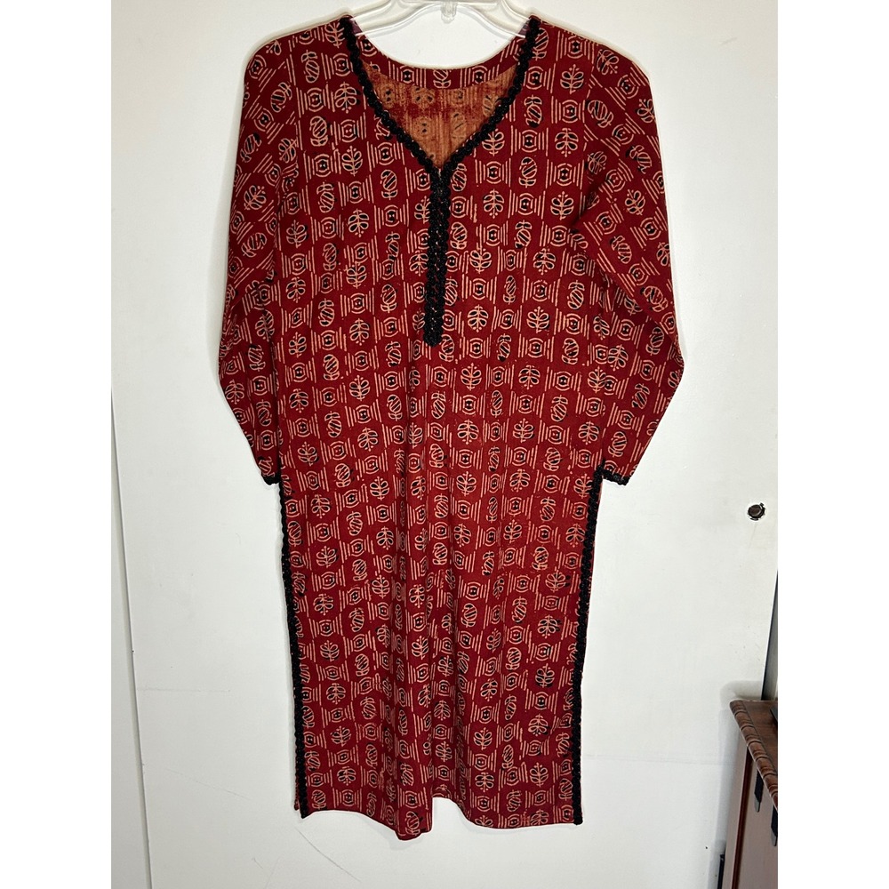 Boho Tunic‎ Dress Red Geometric Print Black Lace Trim Long Sleeve Festival